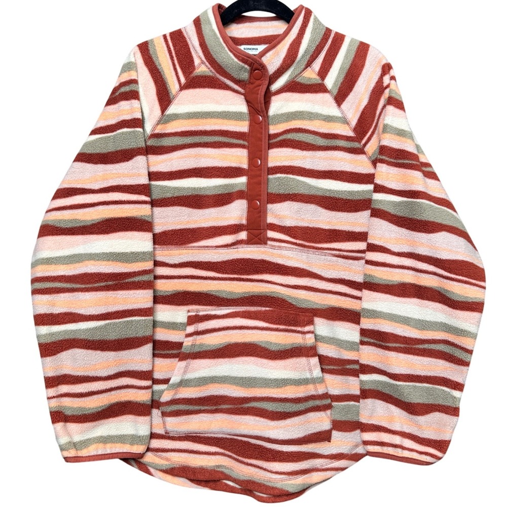 Sonoma Abstract Fleece Pullover Striped Snap Neck Earth Tones XXL Patagonia Like